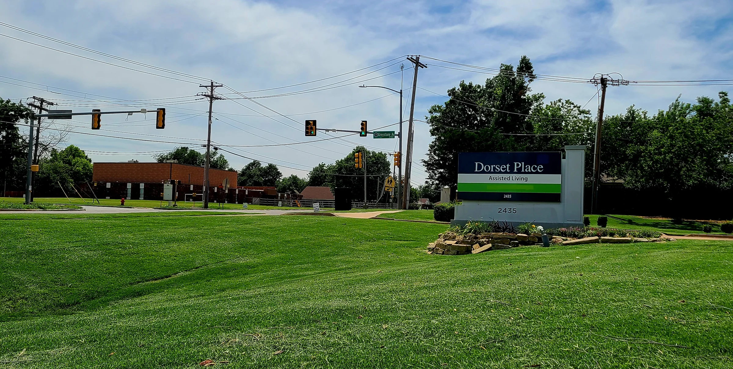 Maintained turf and landscaping across a commercial property